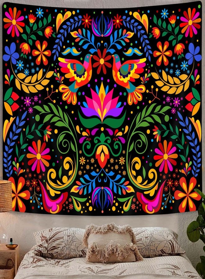 GOAOK Mexico Floral Tapestry, Colorful Mexico Flowers Bird Traditional Aesthetic Hippie Tapestries, Mexican Ornate Ethnic Pastel Plant Tapestry Wall Hanging for Bedroom Living Room 60"x40" - Image 4